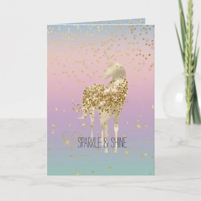 Unicorn Ombre Gold Confetti Glitzer Herz Karte (Vorderseite)