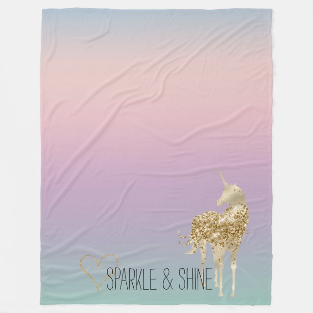 Unicorn Ombre Gold Glitzer Herz Fleecedecke (Vorderseite)