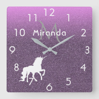 Unicorn on ultra violet glitter and pink quadratische wanduhr