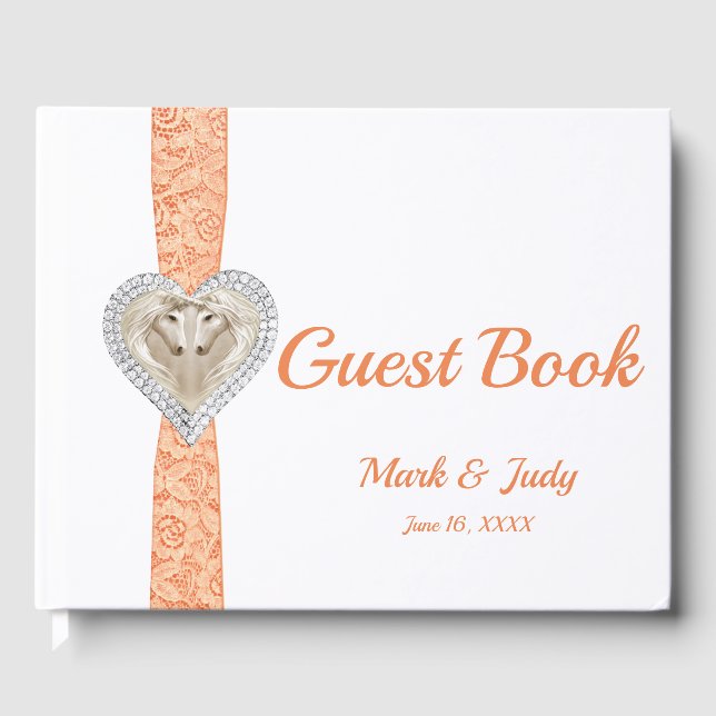 Unicorn Orange Lace Ribbon Wedding Guestbook Gästebuch (Vorderseite)