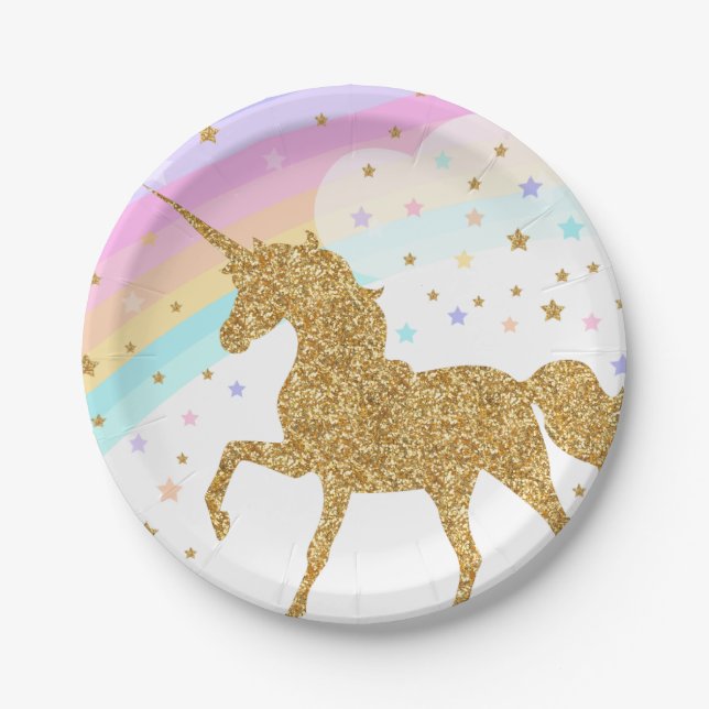 Unicorn-PapierTeller, Rosa u. Gold, Party Pappteller (Vorderseite)