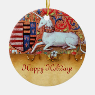 UNICORN PARCHMENT MIT RED RUBY GEMSTONE KERAMIKORNAMENT