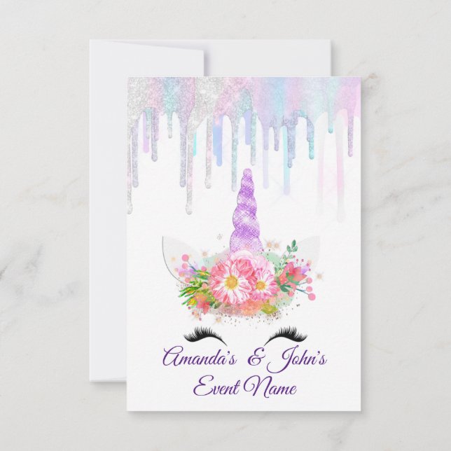 Unicorn Party 1. 2. Baby Holograph Pink Lila Einladung (Rückseite)