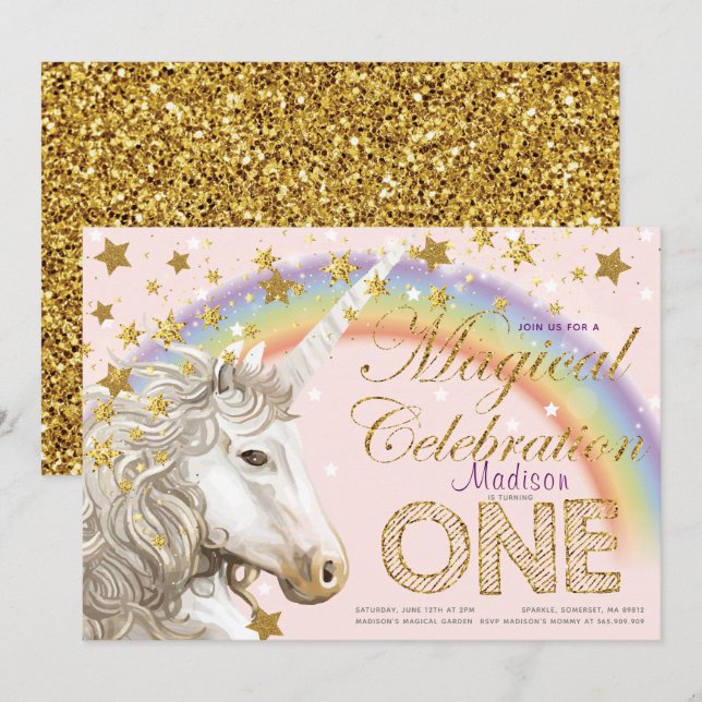 Unicorn Party Magical First Birthday Illustration Einladung (Vorne/Hinten)