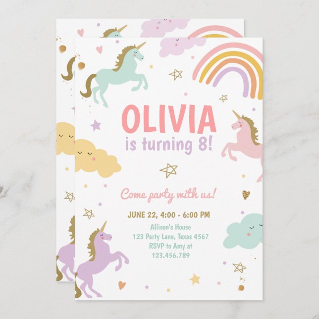 Unicorn Party Magical Rainbow Unicorn Birthday Inv Einladung (Vorne/Hinten)