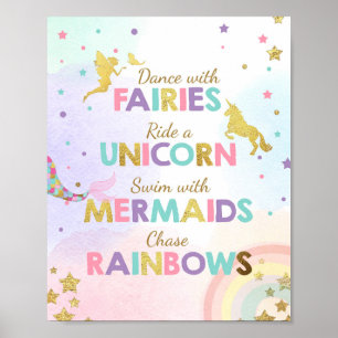 Unicorn Party Sign Dance mit Fairies Meerjungfrau Poster