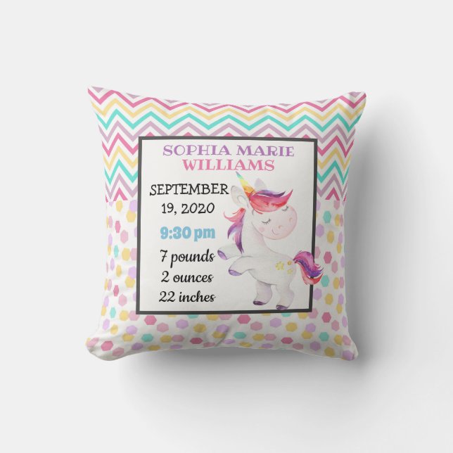 Unicorn Pastel Birth Stats Baby Announcement Girl Kissen (Vorderseite)