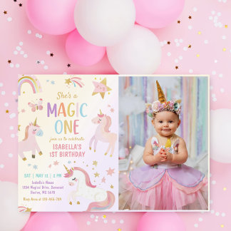 Unicorn Pastel Rainbow 1. Geburtstag Foto Einladung