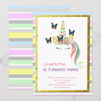 Unicorn Pastel Rainbow Butterfells Gold Geburtstag Einladung