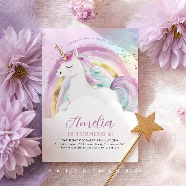 Unicorn Pastel Rainbow Girls Birthday Einladung (Girl's Unicorn Pastel Rainbow Birthday Invitation)