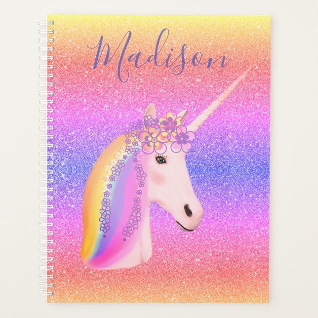 Unicorn Pastel Rainbow Glitzer Personalisiert Planer (Vorderseite)
