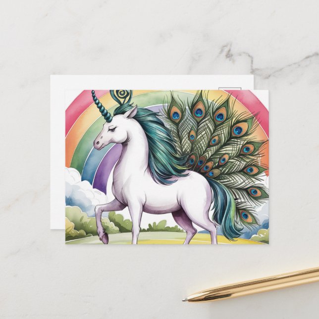 Unicorn Peacock Postkarte (Vorderseite/Rückseite Beispiel)