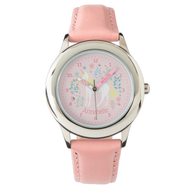 Unicorn Personalisierte Bezeichnung anschauen Rosa Armbanduhr (Vorderseite)