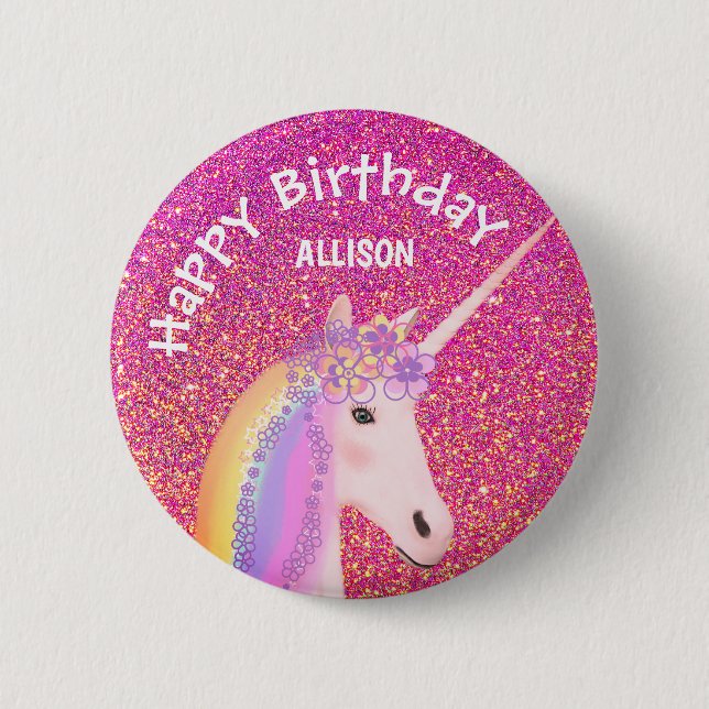 Unicorn Pink Glitter Girls Birthday Personalized Button (Vorderseite)