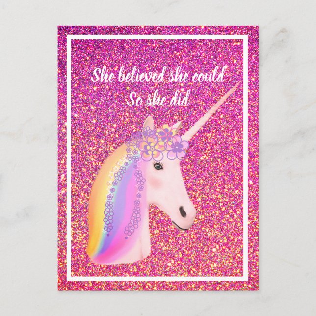 Unicorn Pink Glitzer Inspiration Sie glaubte Postkarte (Vorderseite)