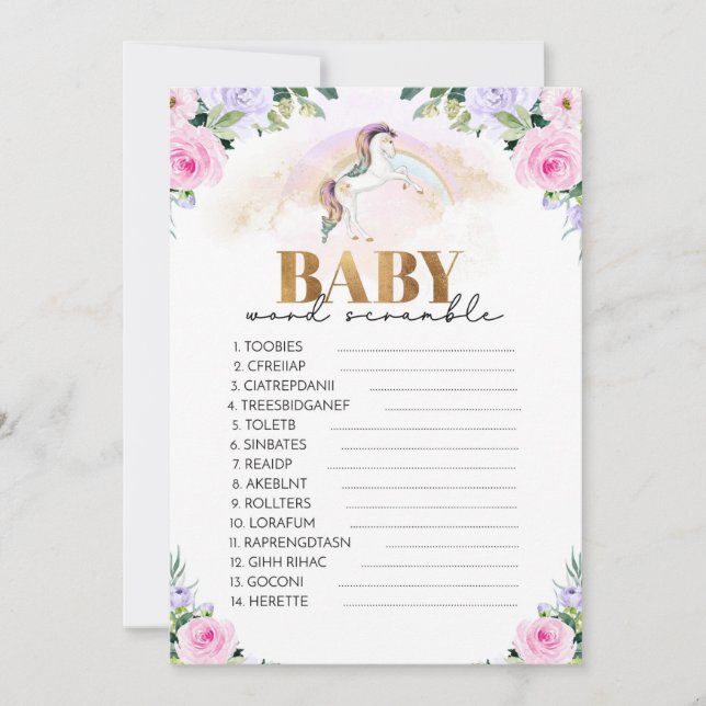 Unicorn Pink & Gold Baby Shower Word Scramble Game Einladung (Vorderseite)