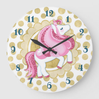 Unicorn Pink Gold Cute Fantasy Große Wanduhr
