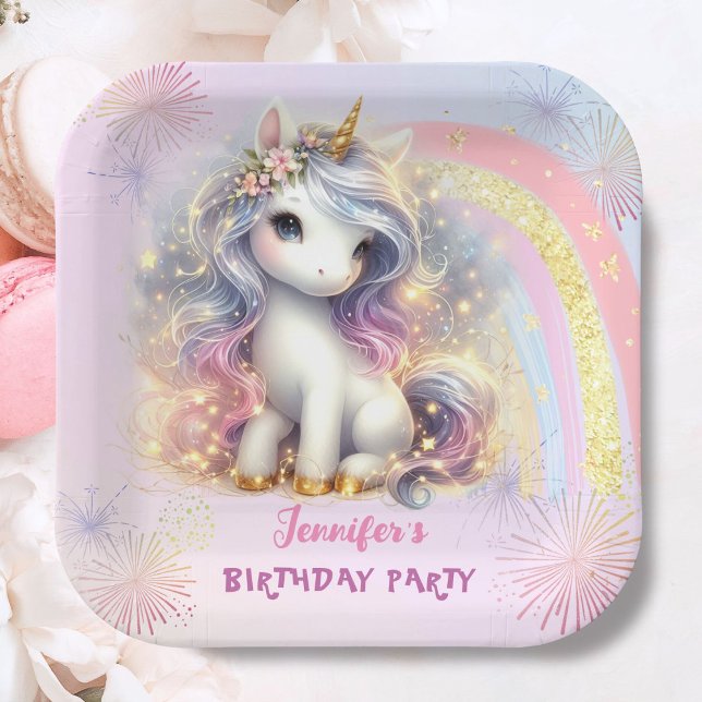 Unicorn Pink Gold Glitzer Girl Birthday Pappteller (Von Creator hochgeladen)