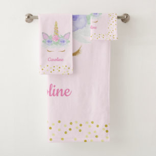 Unicorn Pink Gold Glitzer Girl's Name Badhandtuch Set