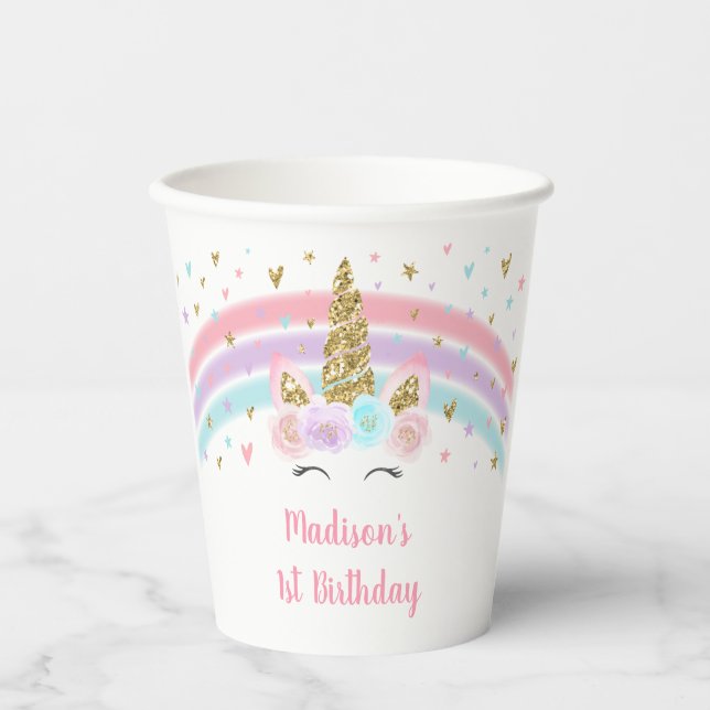 Unicorn Pink Gold Pastel Rainbow Birthday Pappbecher (Vorderseite)