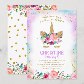 Unicorn Pink Gold Schöne Flora Geburtstagsparty Einladung