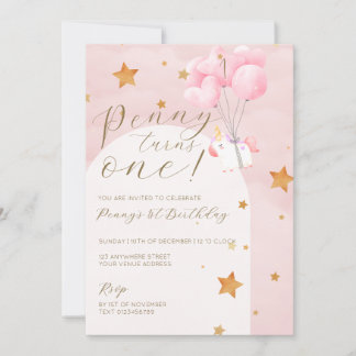 Unicorn Pink Kinder 1. Geburtstag Party Einladung