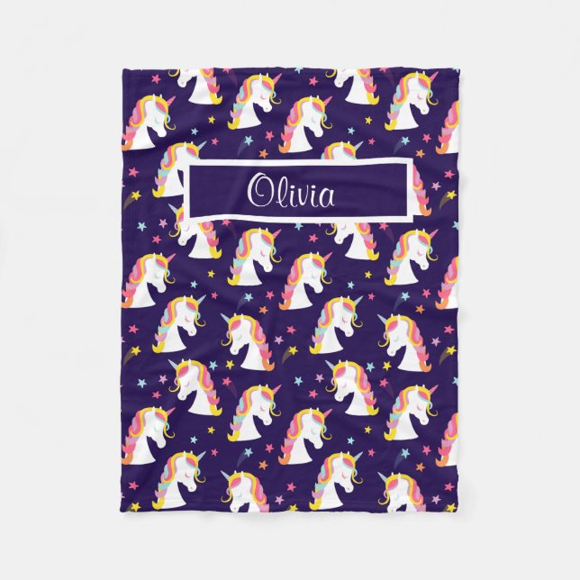 Unicorn Pink Lila Babyname Fleecedecke (Vorderseite)