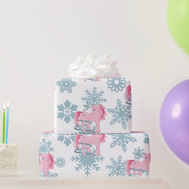 Unicorn Pink Niedlich Girl Whimsical Schneeflocken Geschenkpapier (Partygeschenke)