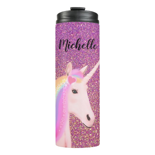 Unicorn Pink Ombre Glitzer Personalisiert Thermosbecher (Vorderseite)