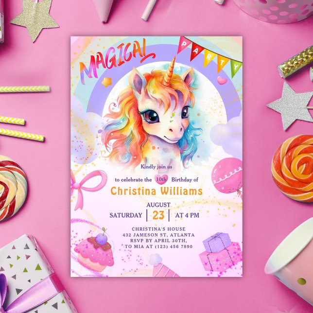 Unicorn Pink Rainbow Birthday Einladung (Unicorn Pink Rainbow Birthday Invitation)
