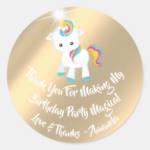 Unicorn Pony Birthday Favor Pink Rainbow Gold Runder Aufkleber