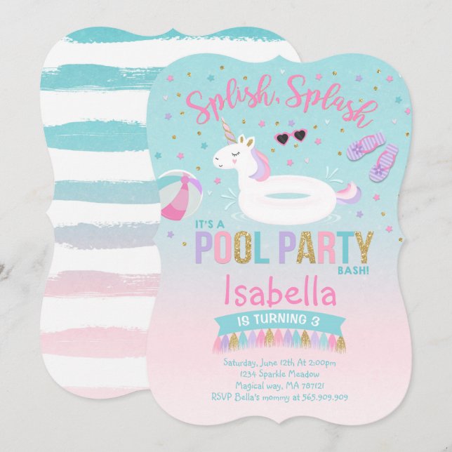 Unicorn Pool Party Birthday Invitation Pink Gold Einladung (Vorne/Hinten)