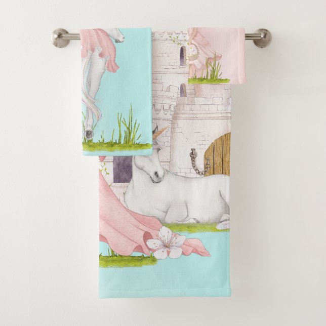 Unicorn Princess Castle Rosa Blau Badhandtuch Set (Insitu)