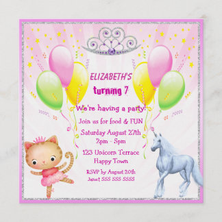 Unicorn, Princess Kitty, Tiara & Balloons Invites Einladung