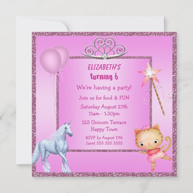 Unicorn, Princess Kitty, Tiara & Glitzer Invites Einladung (Vorderseite)