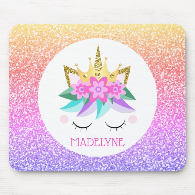 Unicorn Princess Rainbow Glitzer Personalisierter  Mousepad (Vorne)