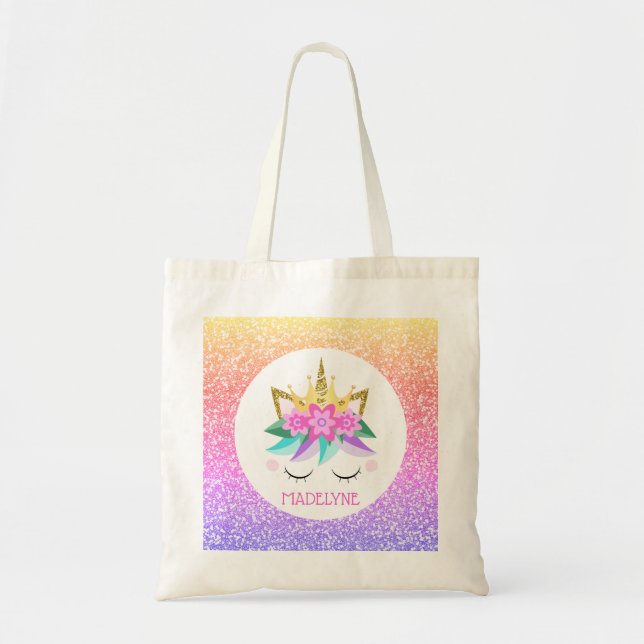 Unicorn Princess Rainbow Glitzer Personalisierter  Tragetasche (Vorne)