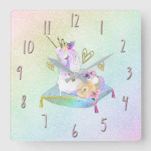 Unicorn Prinzessin Diva Iridescent Rainbow Pastel Quadratische Wanduhr