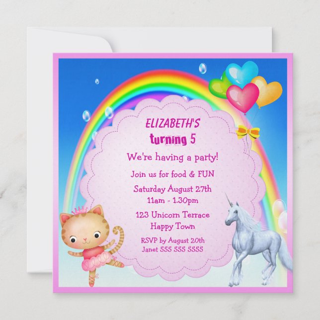 Unicorn, Prinzessin Kitty u. Regenbogen-Party lädt Einladung (Vorderseite)