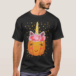 Unicorn Pumpkin Face Floral Erntedank Halloween T-Shirt