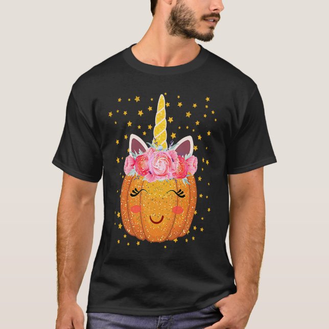 Unicorn Pumpkin Face Floral Erntedank Halloween T-Shirt (Vorderseite)