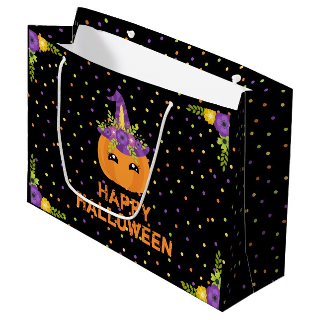 Unicorn Pumpkin Happy Halloween Black Large Gift B Große Geschenktüte (Vorderseite Schrägansicht)