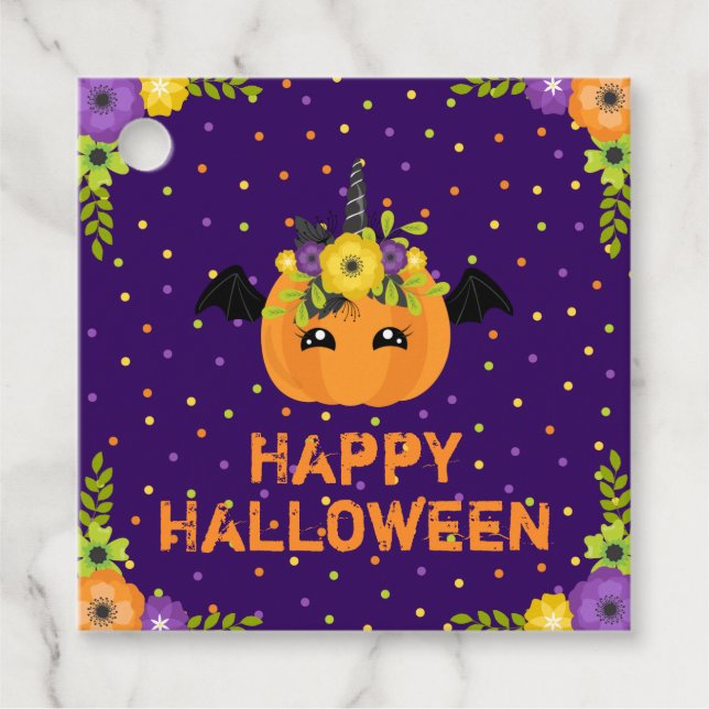 Unicorn Pumpkin Happy Halloween Lila Gefälligkeits Geschenkanhänger (Vorderseite)