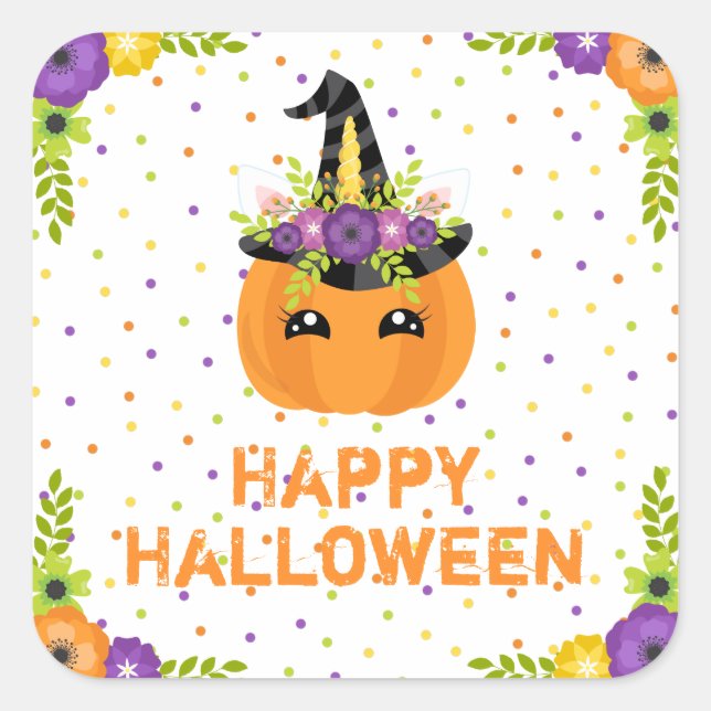 Unicorn Pumpkin Happy Halloween White Square Stick Quadratischer Aufkleber (Vorderseite)
