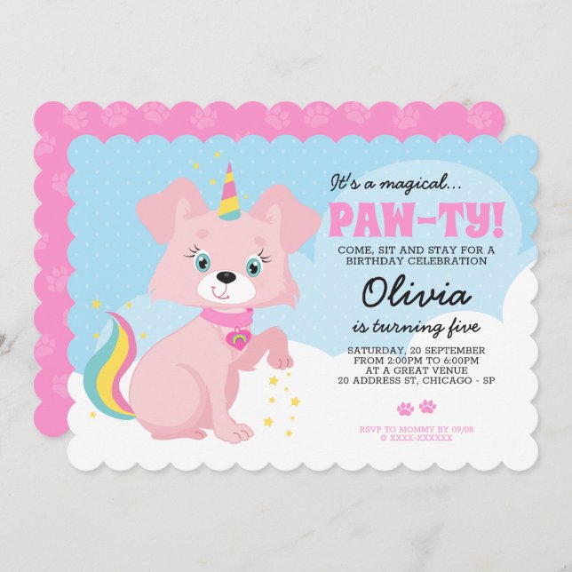 Unicorn Puppy - Unipuppy Girly Birthday Einladung (Vorne/Hinten)