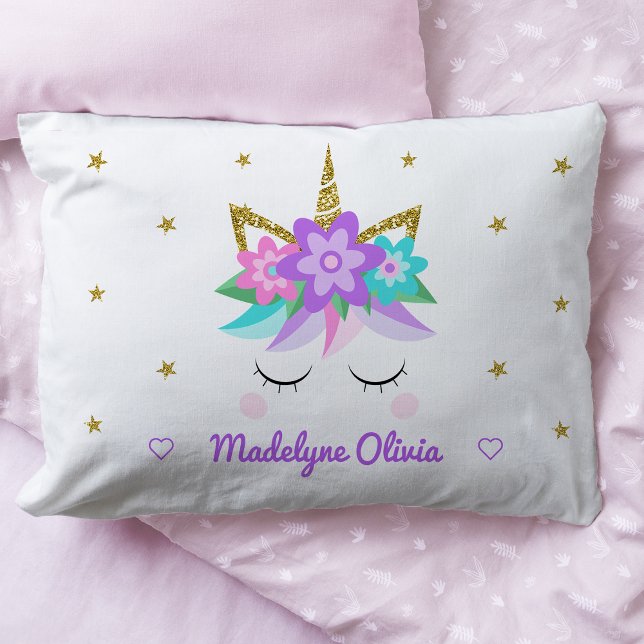 Unicorn Purple Flowers Glitzer Stars Personalisier Kissenbezug (Von Creator hochgeladen)