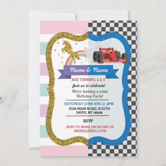 Unicorn & Race Car Joint Boy Girl Einladung zum Ge