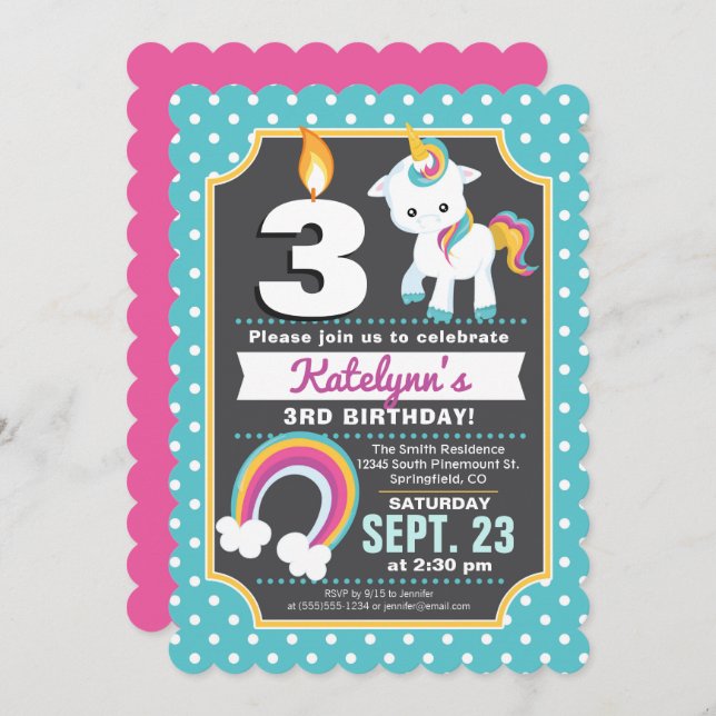 Unicorn & Rainbow Birthday Invitation Girl Einladung (Vorne/Hinten)
