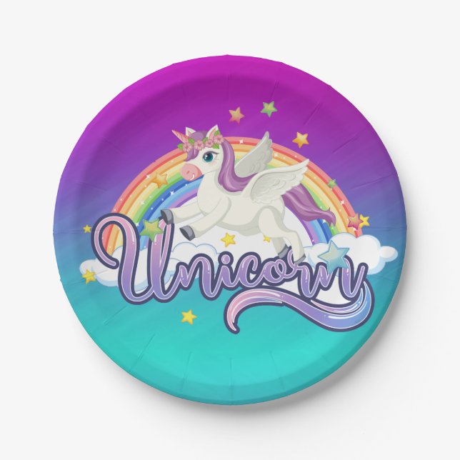 Unicorn Rainbow Birthday Magical Whimiscal Pappteller (Vorderseite)
