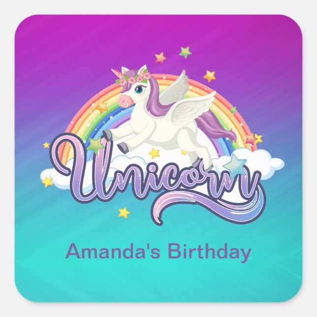 Unicorn Rainbow Birthday Magical Whimiscal Quadratischer Aufkleber (Vorderseite)